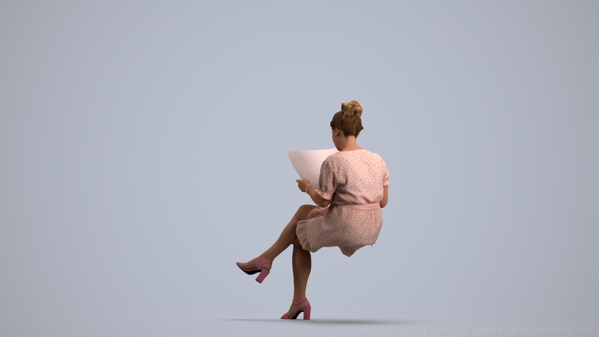 photogrammetry 3D woman casual sitting, realistic human model archviz FBX, front view render