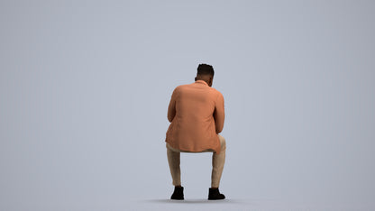 3D human model man casual sitting, photogrammetry scanned person for archviz, front view render