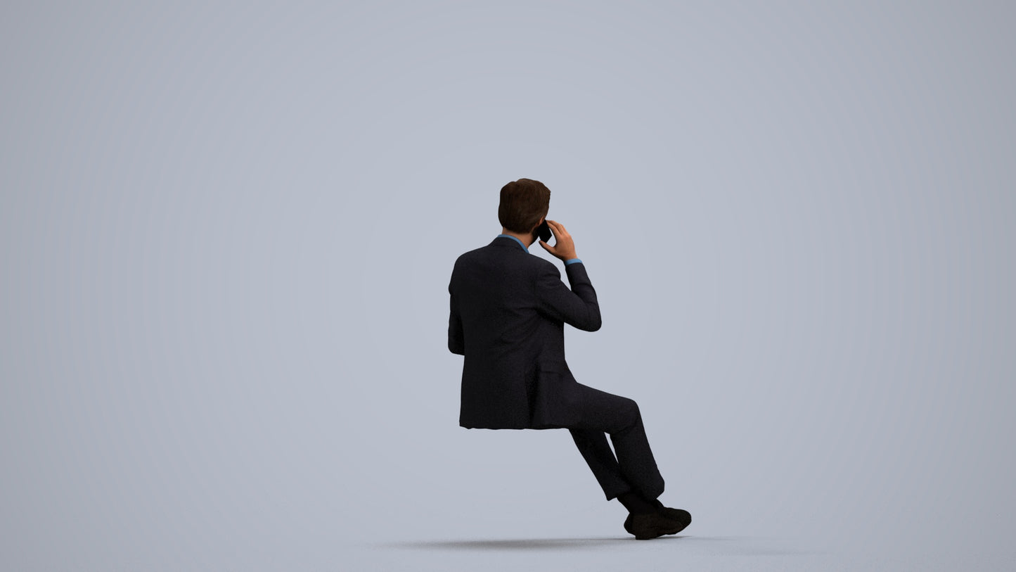 3D human model man business sitting, photogrammetry scanned person for archviz, front view render