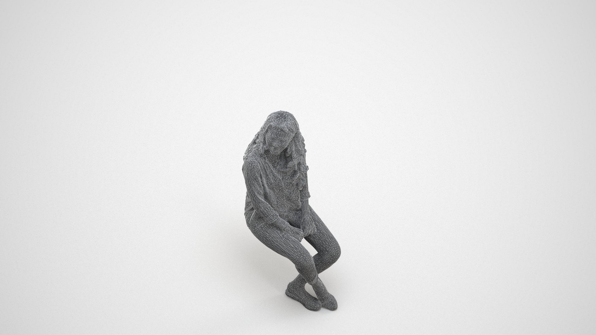 realistic 3D human woman casual sitting, archviz people FBX OBJ for Blender, wireframe three-quarter view
