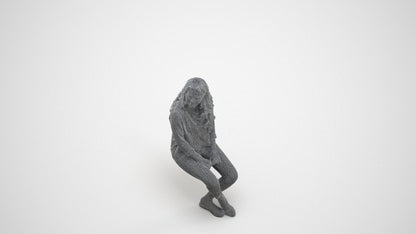 realistic 3D human woman casual sitting, archviz people FBX OBJ for Blender, wireframe three-quarter view