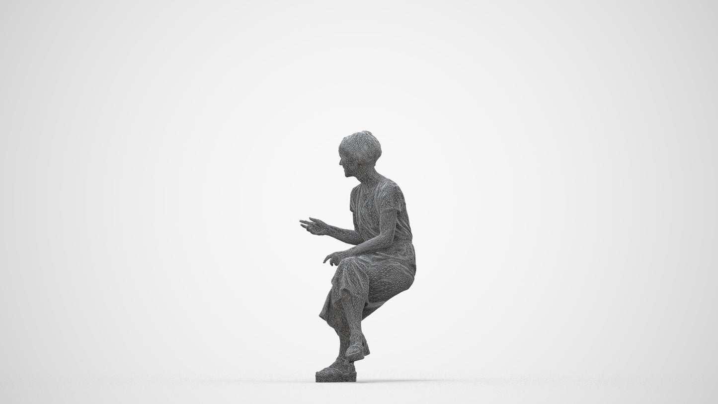 photogrammetry 3D senior woman casual sitting, realistic human model archviz FBX, wireframe back view