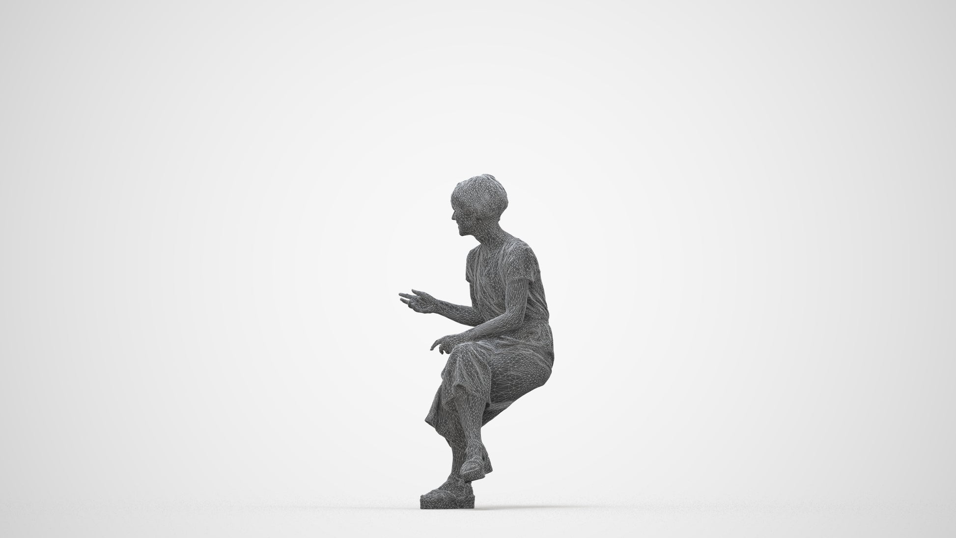 photogrammetry 3D senior woman casual sitting, realistic human model archviz FBX, wireframe back view