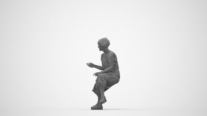 photogrammetry 3D senior woman casual sitting, realistic human model archviz FBX, wireframe back view