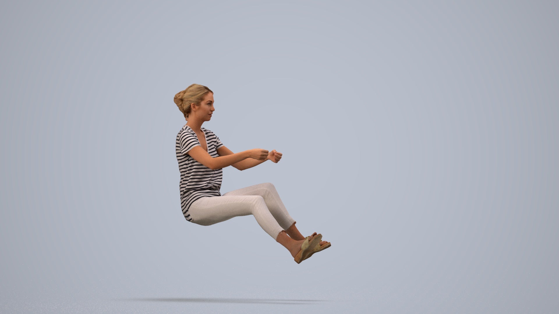 3D human model woman casual driving, photogrammetry scanned person for archviz, side view render