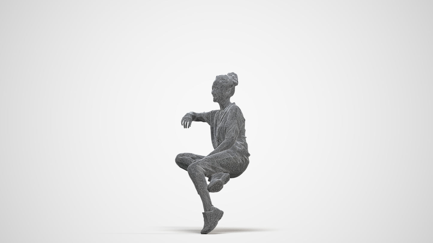 3D scanned woman sitting casual, photorealistic archviz people for Enscape and SketchUp, three-quarter front view render