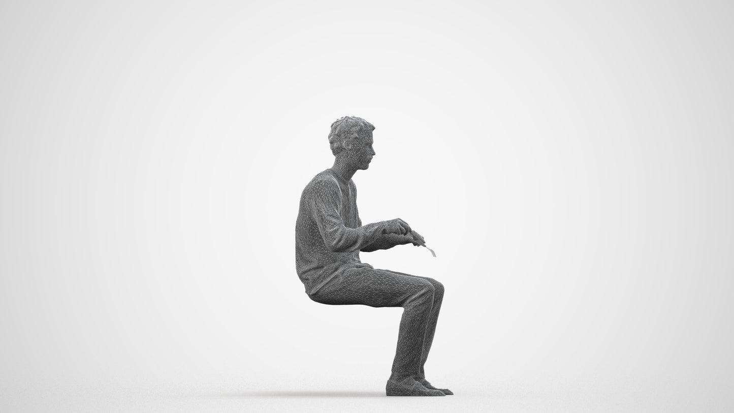scanned 3D man casual sitting, photogrammetry people for Enscape and V-Ray, wireframe side view