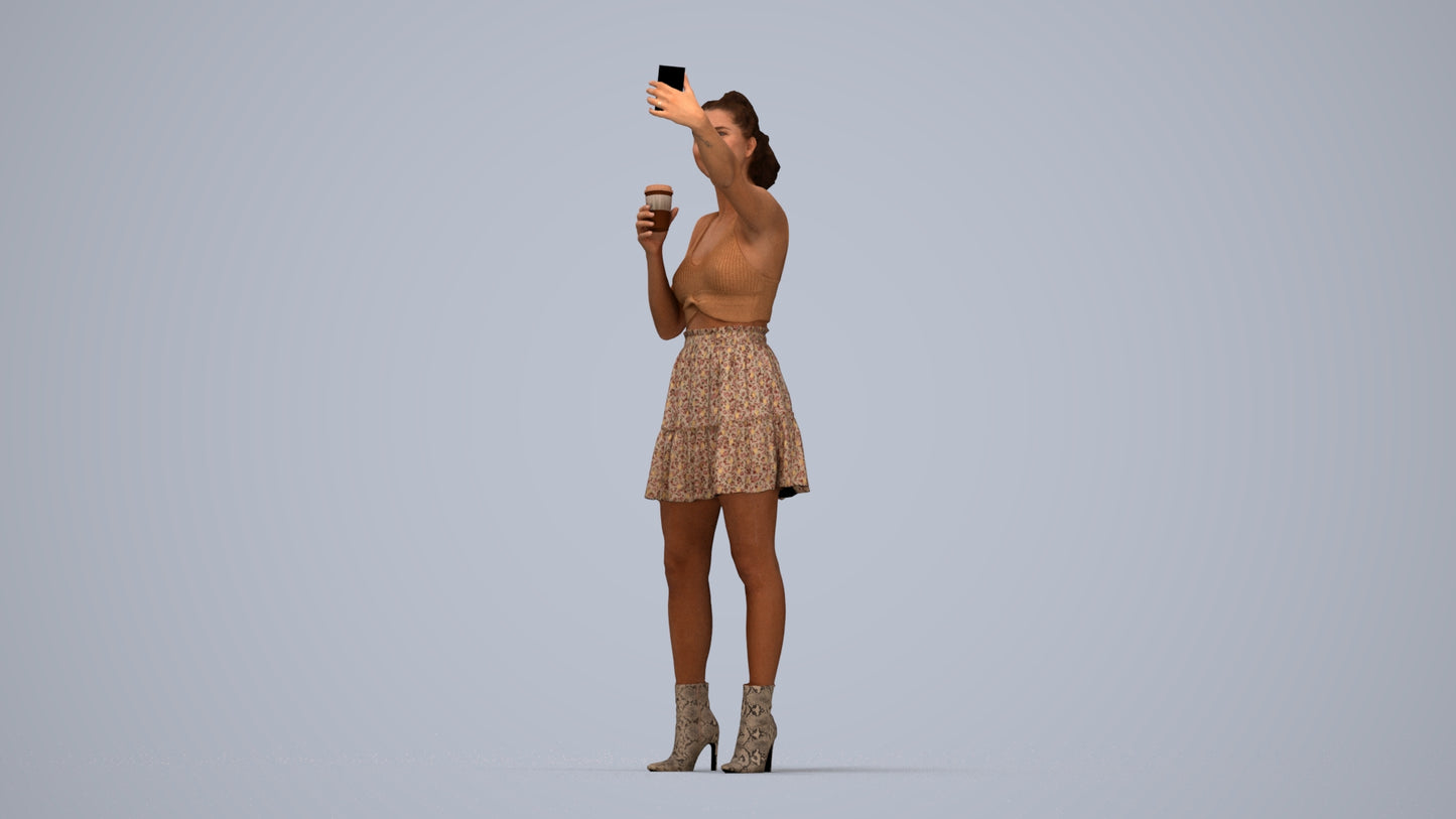 3D human model woman casual standing, photogrammetry scanned person for archviz, top-down view render