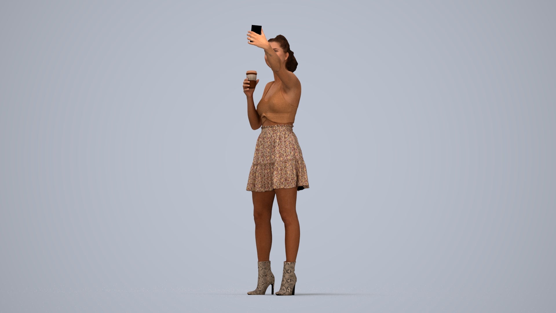 3D human model woman casual standing, photogrammetry scanned person for archviz, top-down view render