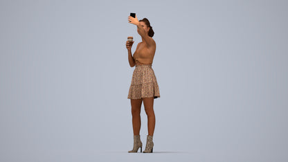 3D human model woman casual standing, photogrammetry scanned person for archviz, top-down view render