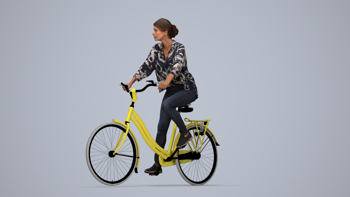 photogrammetry 3D woman casual cycling, realistic human model archviz FBX, top-down view render