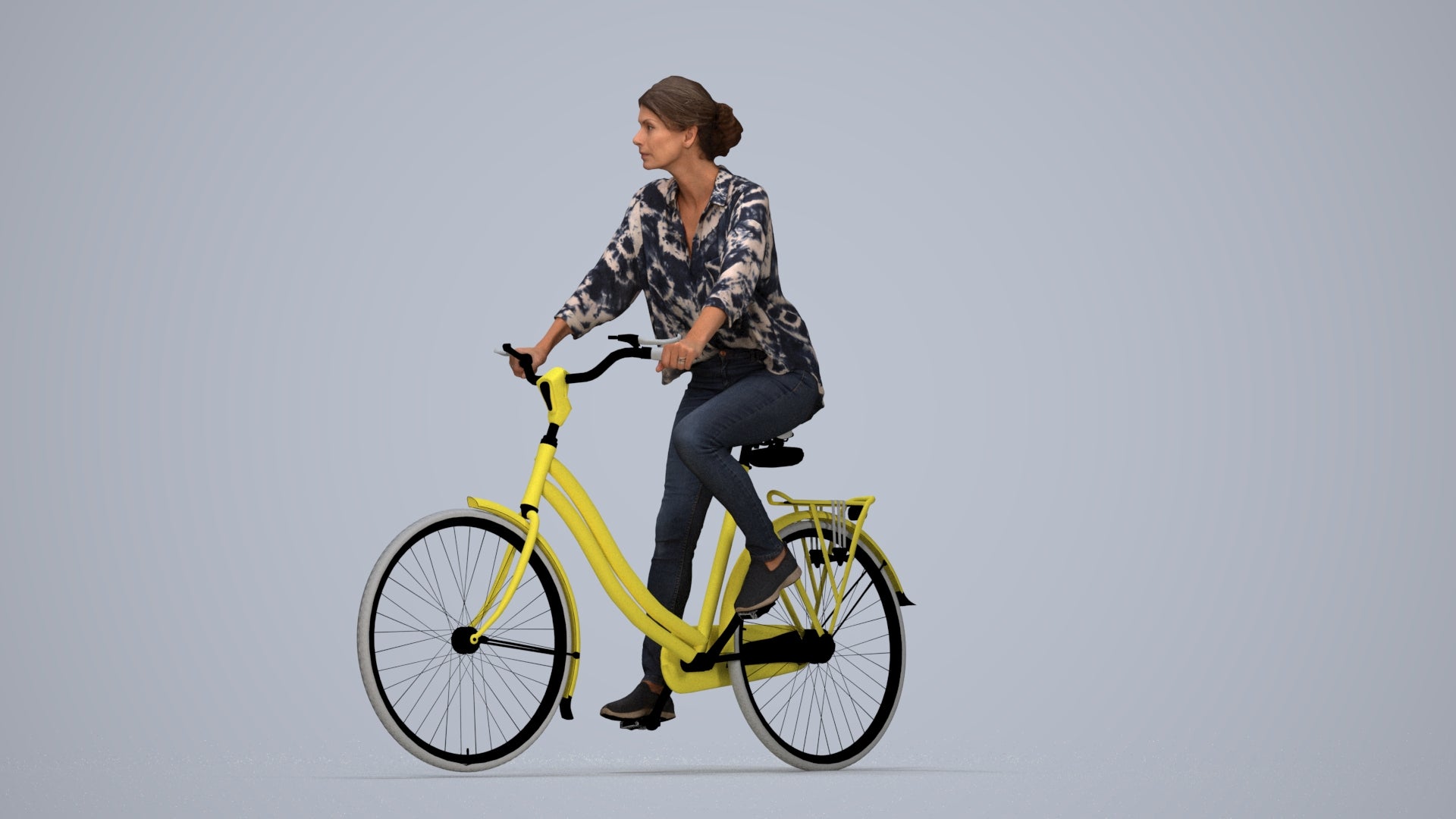 photogrammetry 3D woman casual cycling, realistic human model archviz FBX, top-down view render