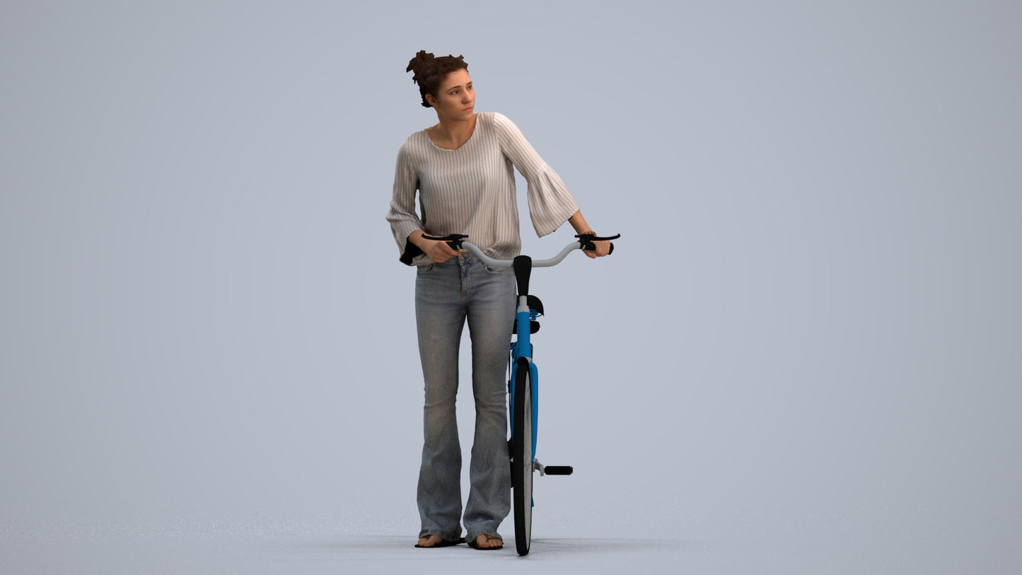 realistic 3D people woman casual cycling, render-ready for V-Ray and Corona, FBX OBJ, standing pose render