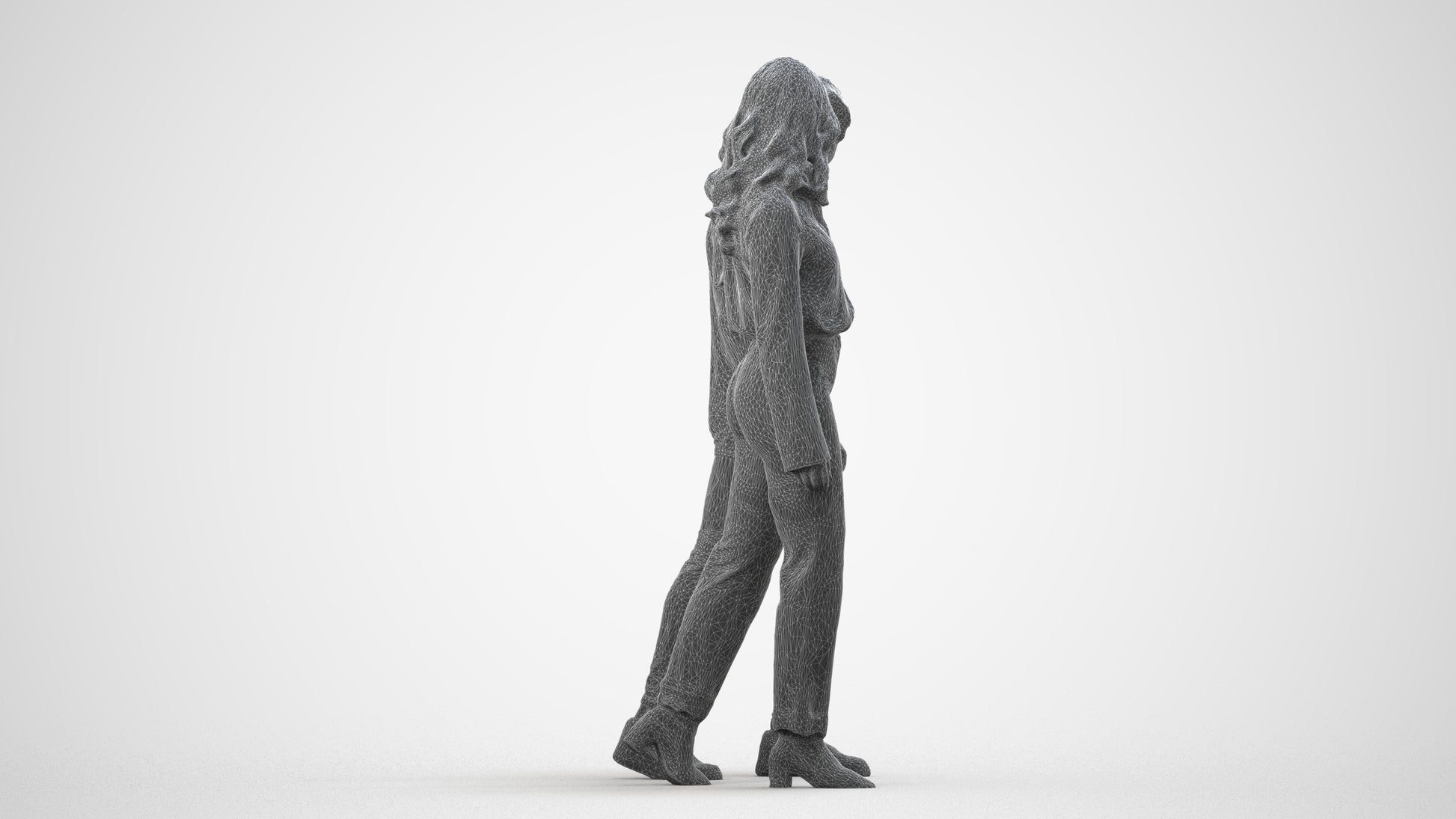 3D human model woman casual couple, photogrammetry scanned person for archviz, wireframe side view
