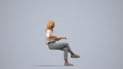 realistic 3D human woman casual sitting, archviz people FBX OBJ for Blender, side view render