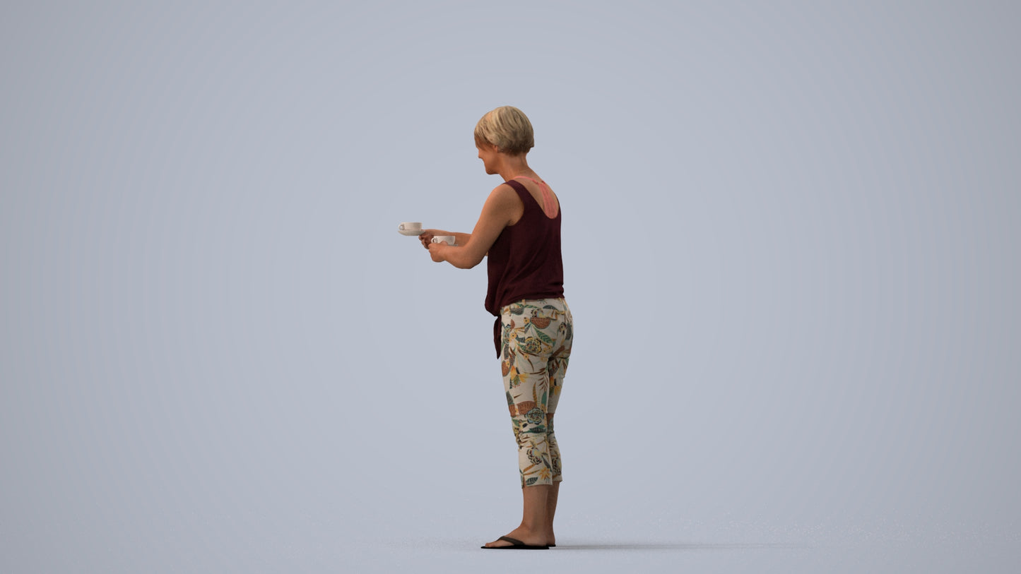 scanned 3D senior woman casual standing, photogrammetry people for Enscape and V-Ray, three-quarter view render