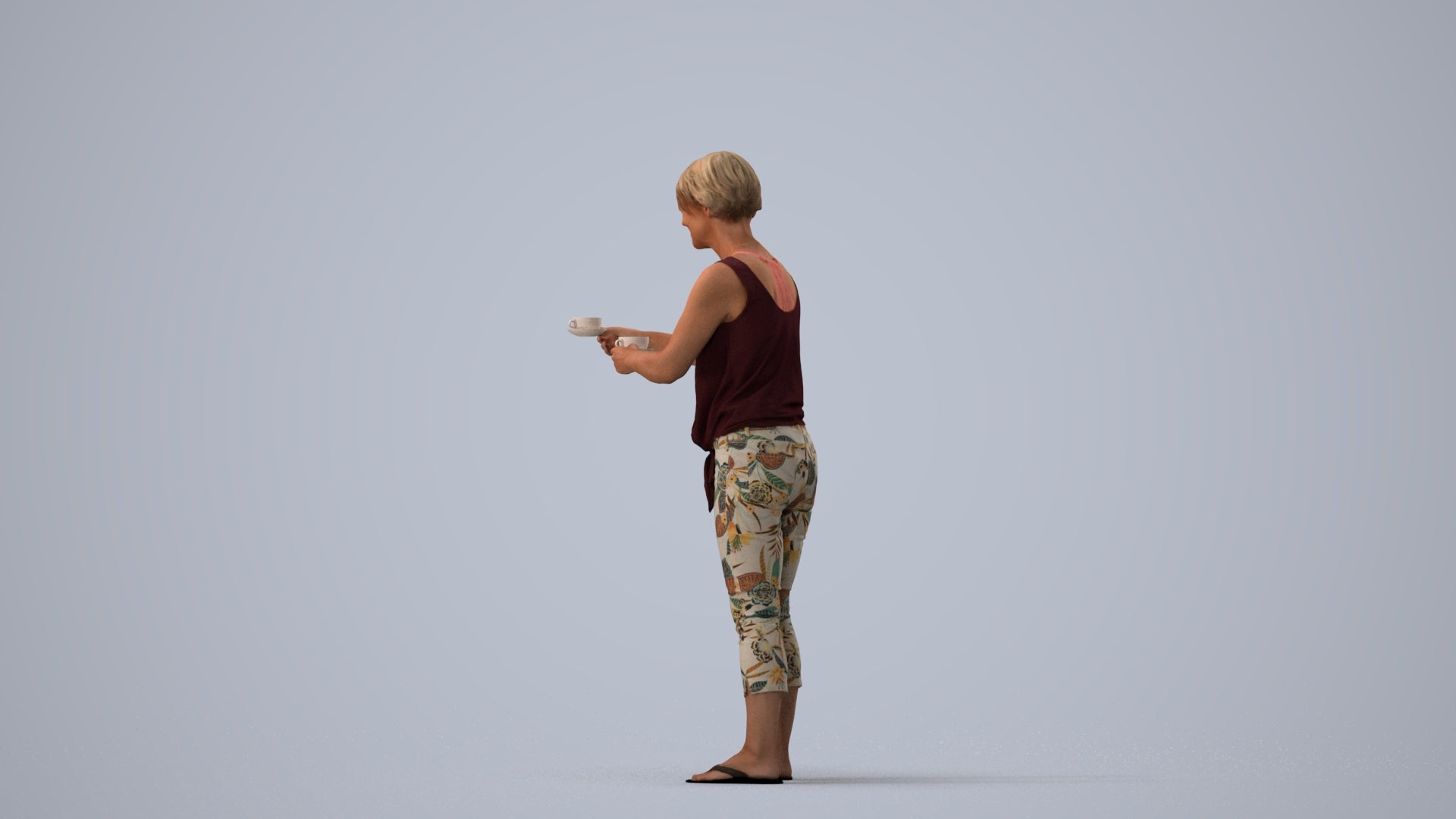 scanned 3D senior woman casual standing, photogrammetry people for Enscape and V-Ray, three-quarter view render