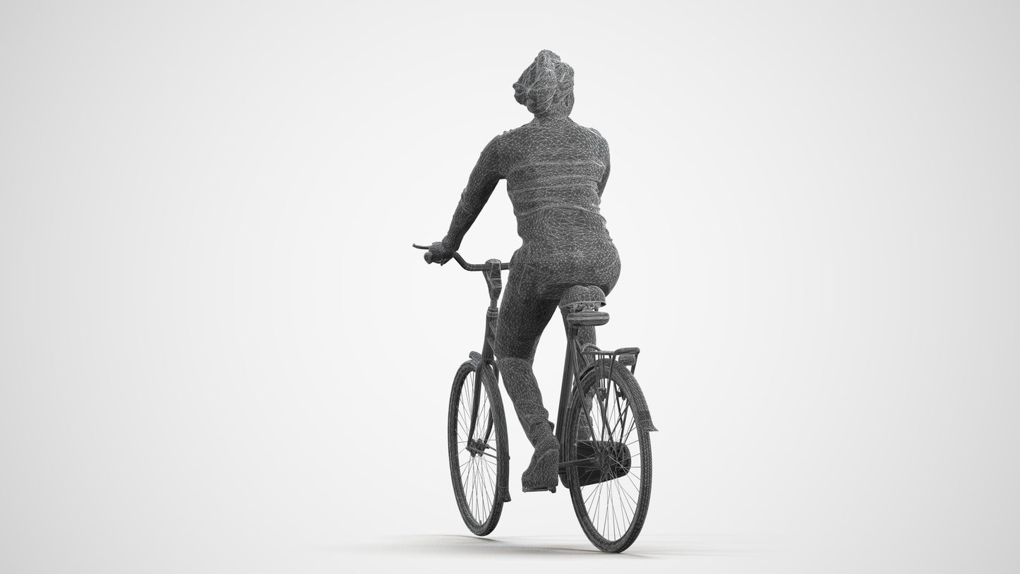 realistic 3D woman casual cycling, scanned archviz people for Blender and 3ds Max, wireframe front view