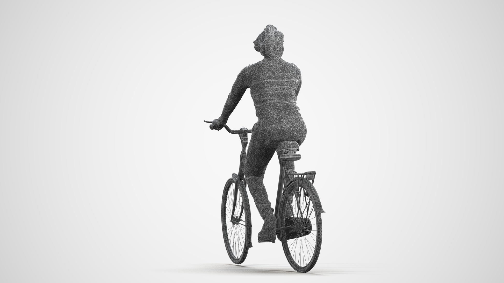 realistic 3D woman casual cycling, scanned archviz people for Blender and 3ds Max, wireframe front view
