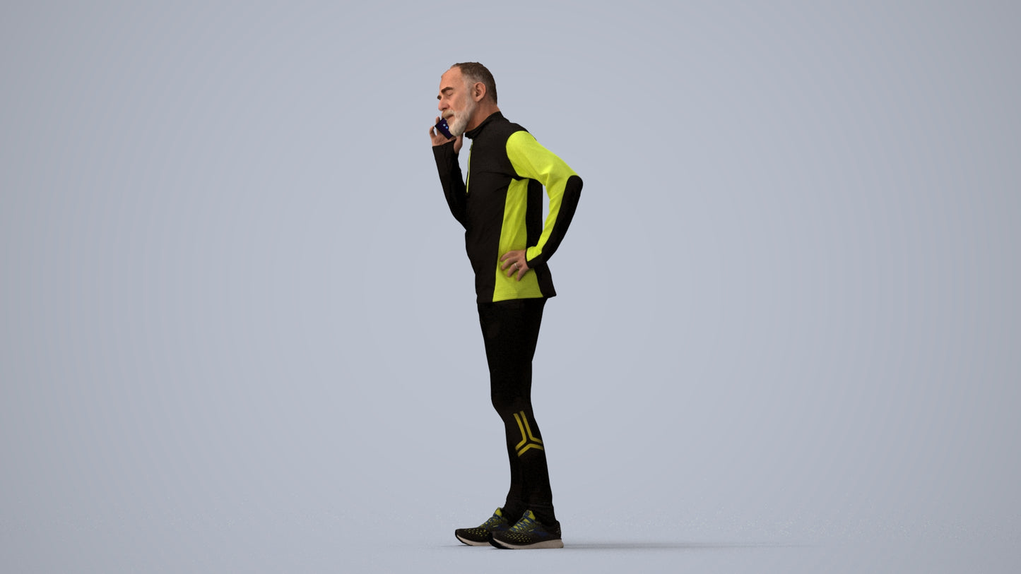 3D human model senior man sport, photogrammetry scanned person for archviz, three-quarter view render