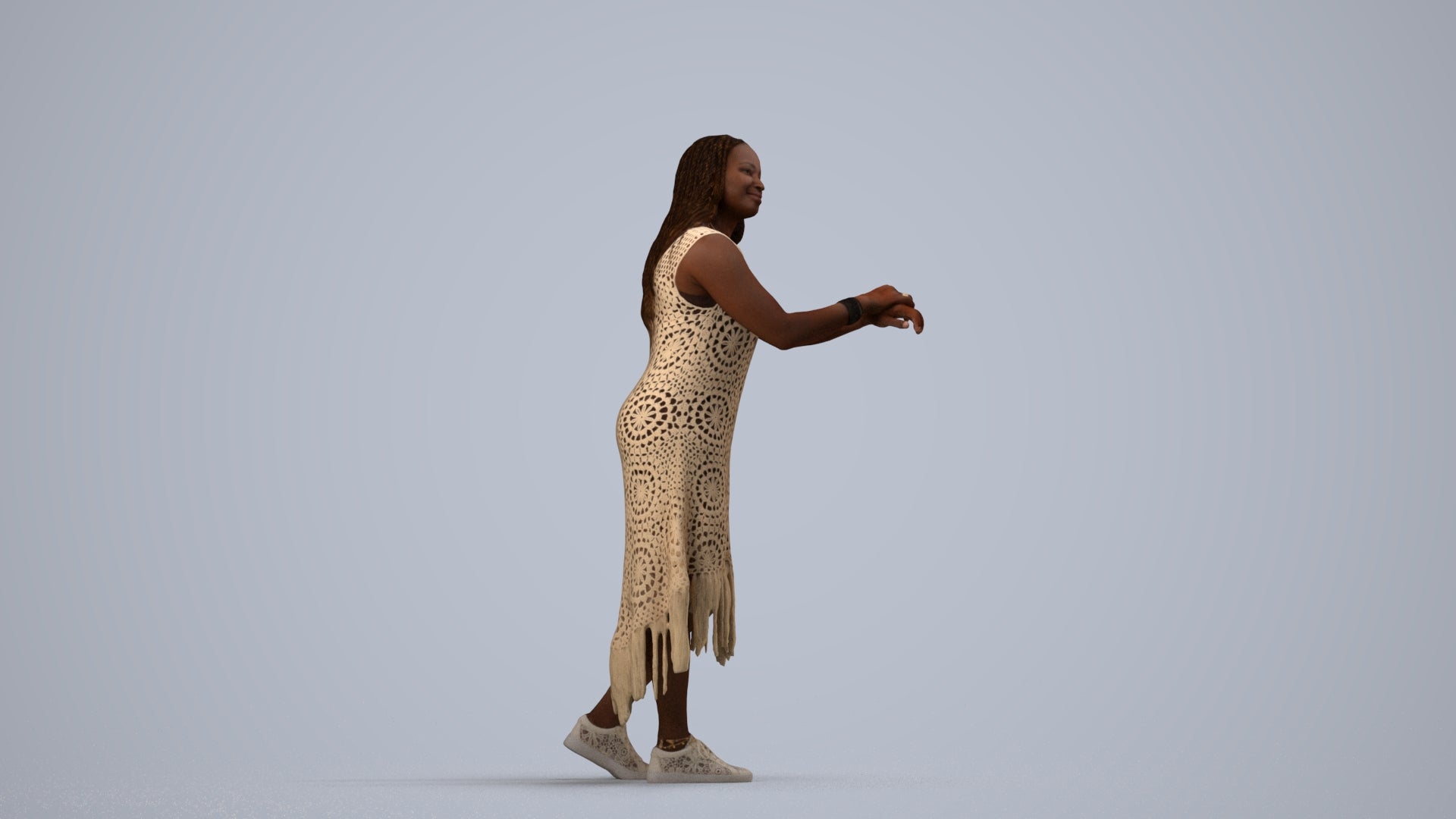 realistic 3D human woman casual standing, archviz people FBX OBJ for Blender, side view render