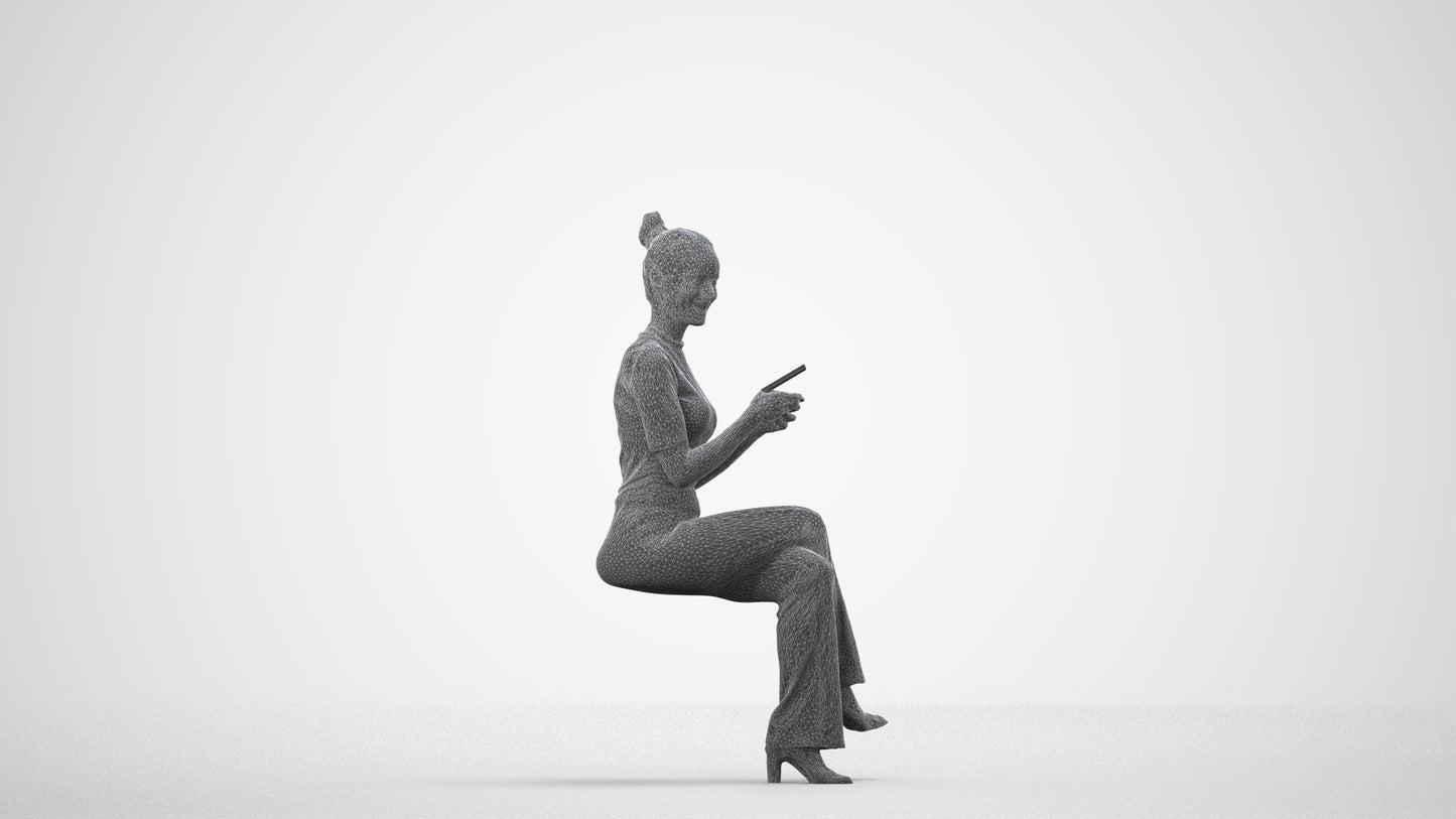 photogrammetry 3D woman casual sitting, realistic human model archviz FBX, wireframe side view