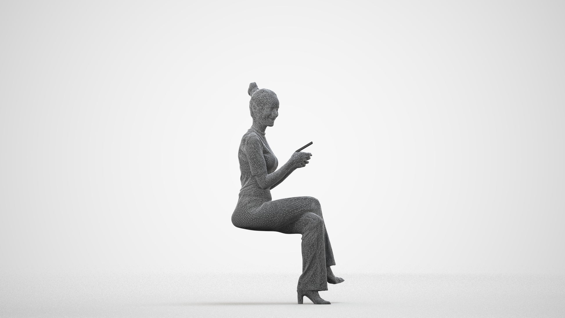 photogrammetry 3D woman casual sitting, realistic human model archviz FBX, wireframe side view