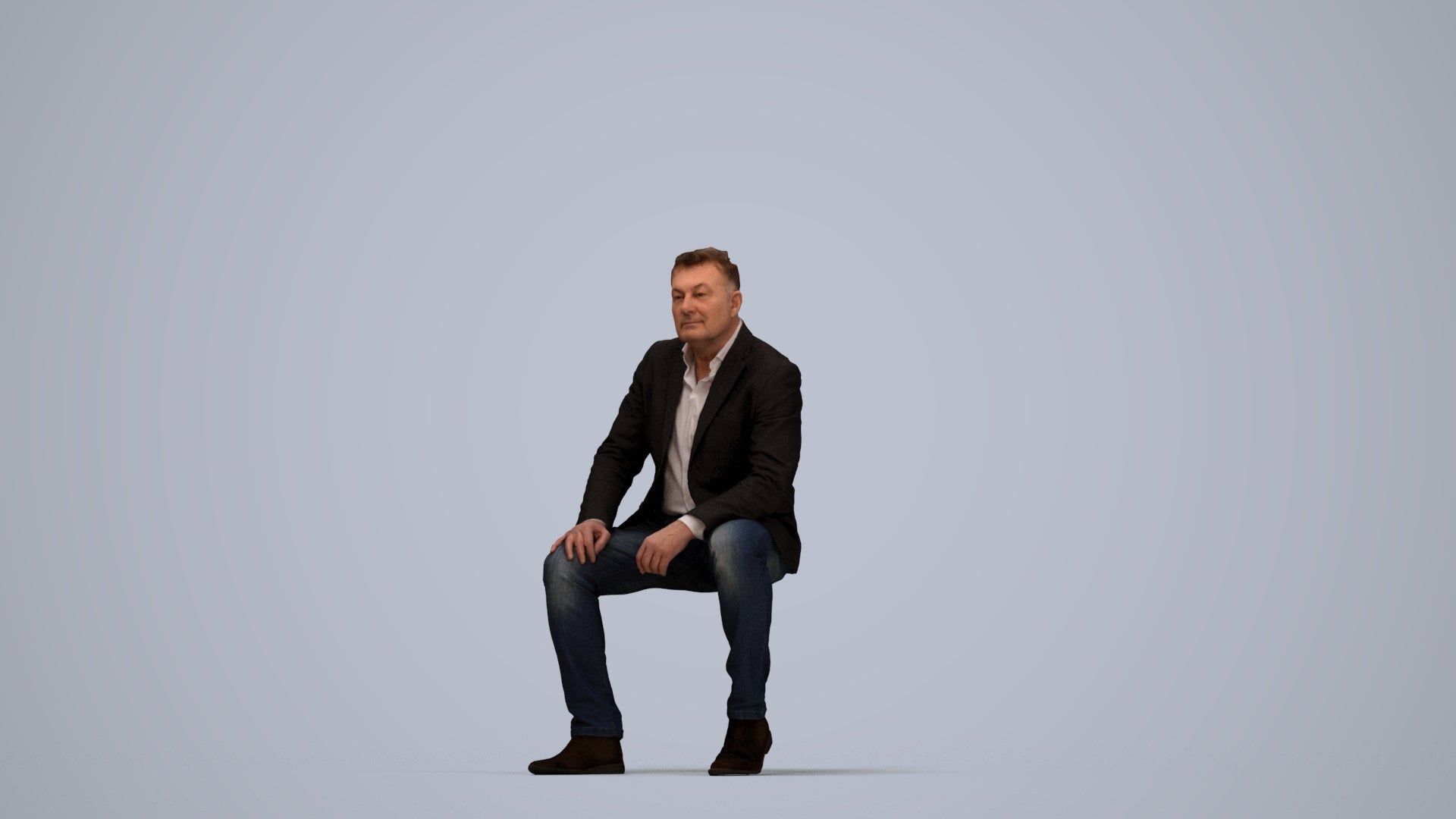 3D human model man business, photogrammetry scanned person for archviz, top-down view render