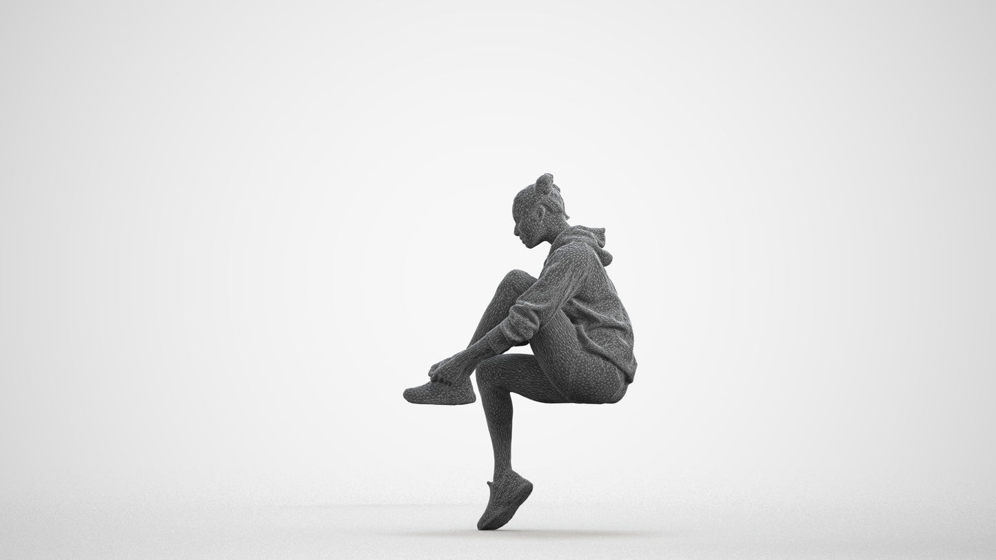 3D people model woman casual sitting, scanned human for 3ds Max rendering, wireframe front view