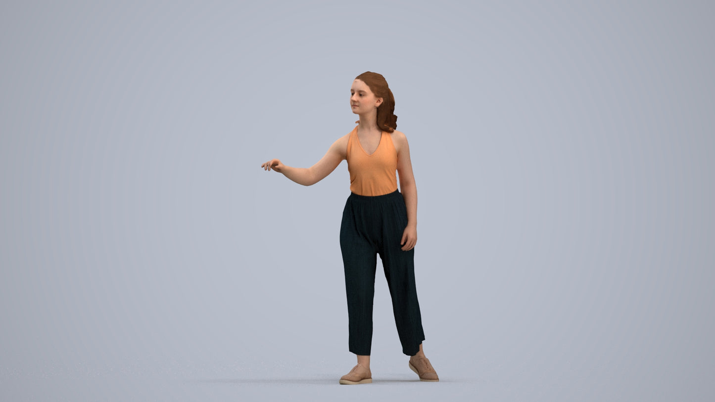 3D human model girl casual door, photogrammetry scanned person for archviz, standing pose render