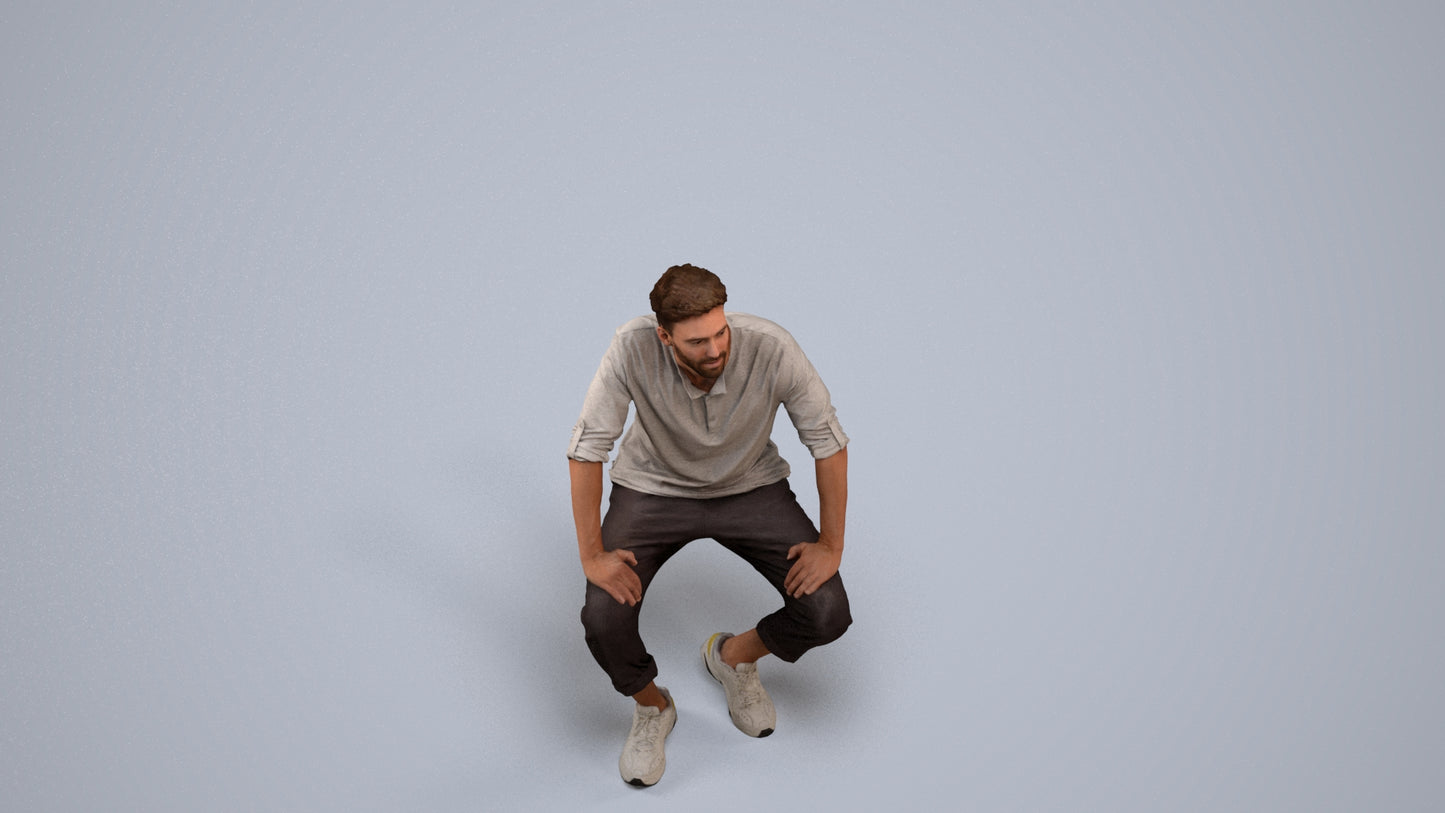 3D human model man casual sitting, photogrammetry scanned person for archviz, back view render