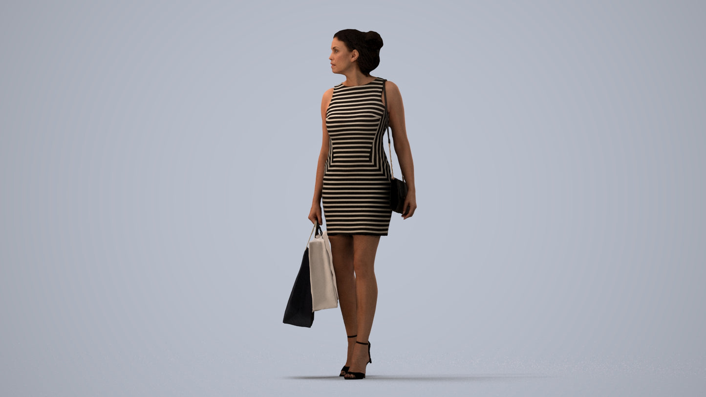 photogrammetry 3D woman casual shopping, realistic human model archviz FBX, three-quarter view render
