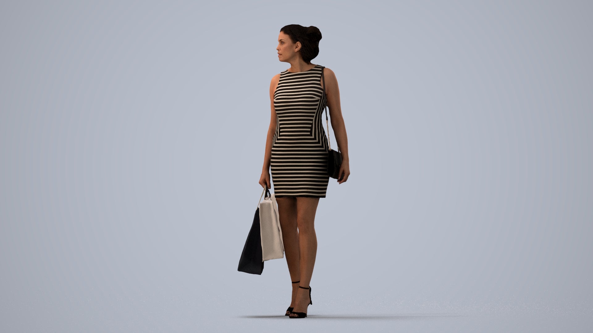 photogrammetry 3D woman casual shopping, realistic human model archviz FBX, three-quarter view render