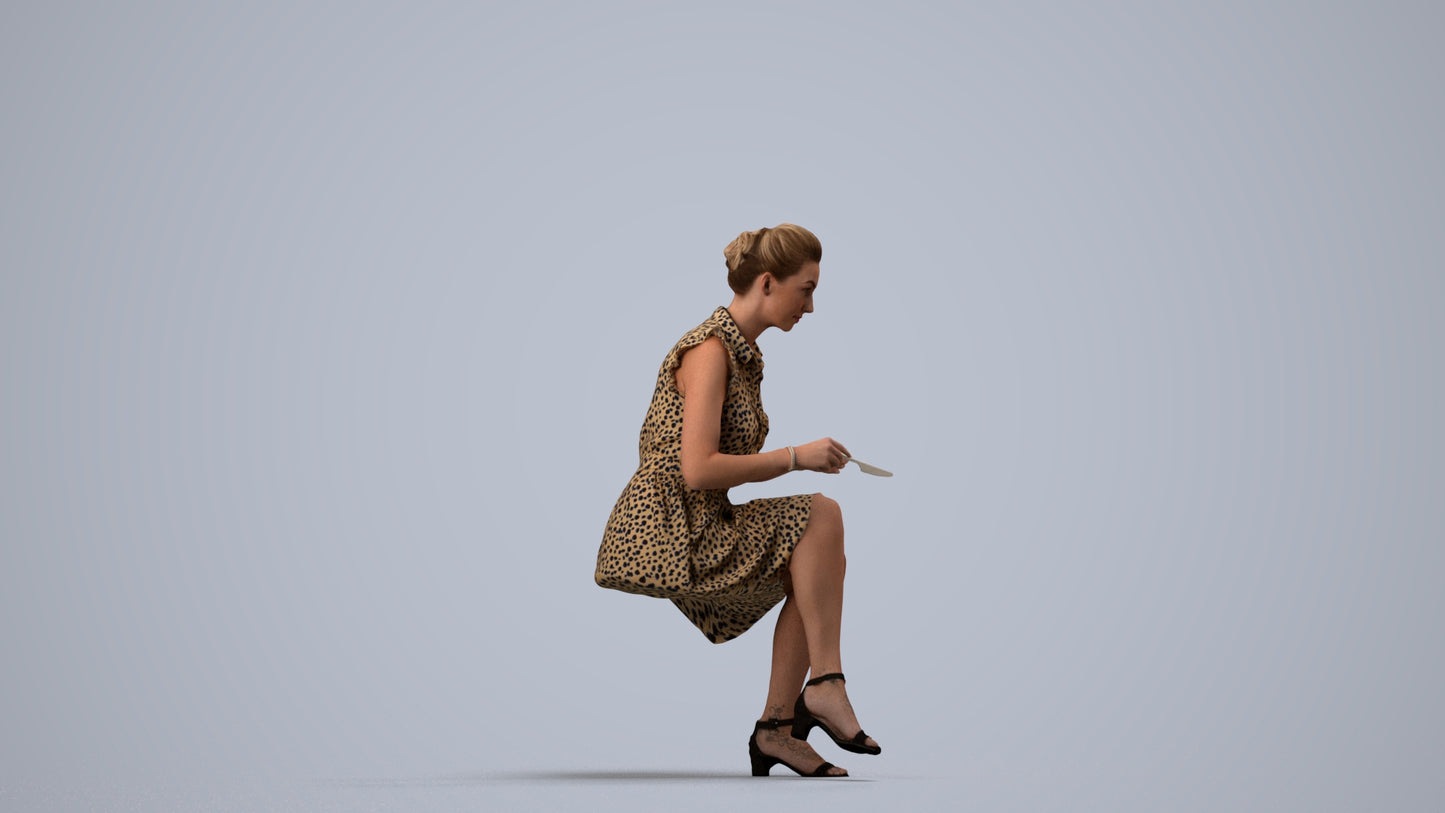 3D scanned woman sitting casual, photorealistic archviz people for Enscape and SketchUp, side view render