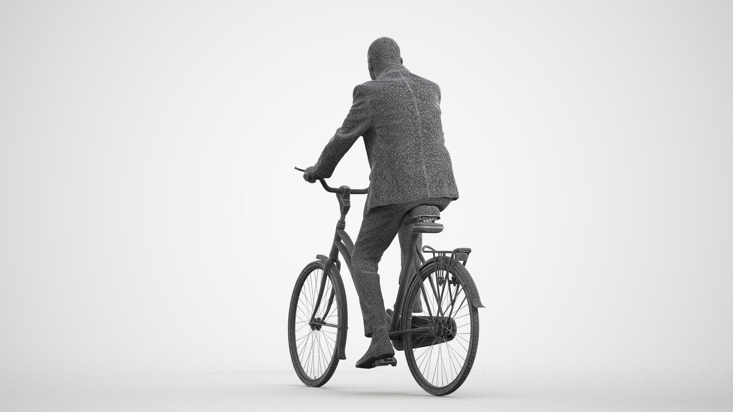 realistic 3D senior man business cycling, scanned archviz people for Blender and 3ds Max, wireframe front view