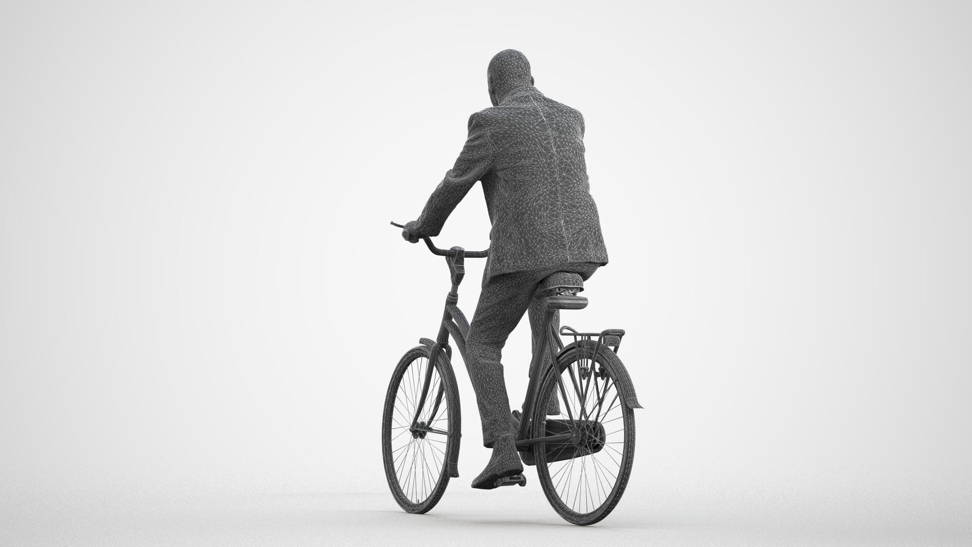 realistic 3D senior man business cycling, scanned archviz people for Blender and 3ds Max, wireframe front view