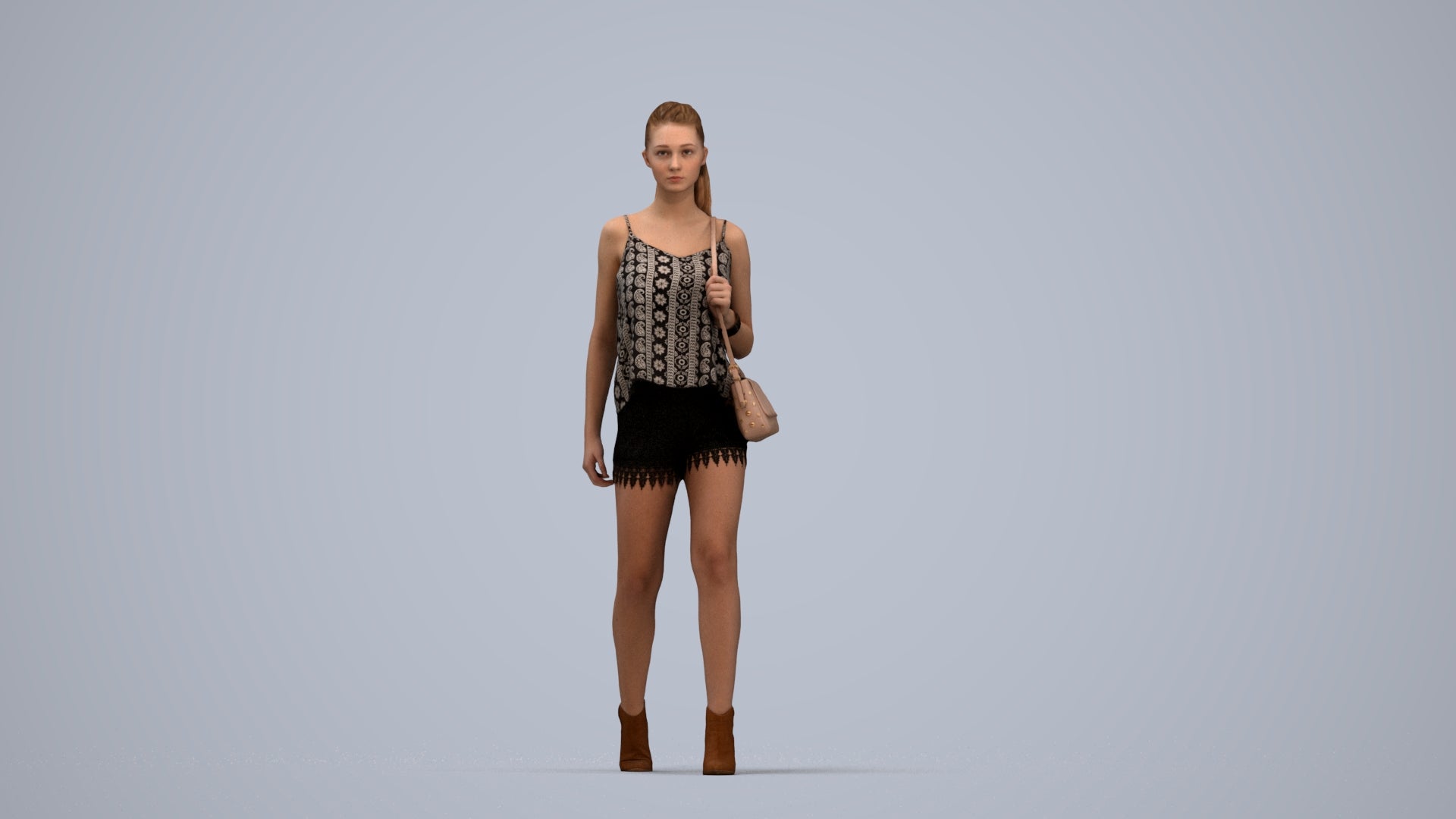 realistic 3D people girl casual walking, render-ready for V-Ray and Corona, FBX OBJ, top-down view render