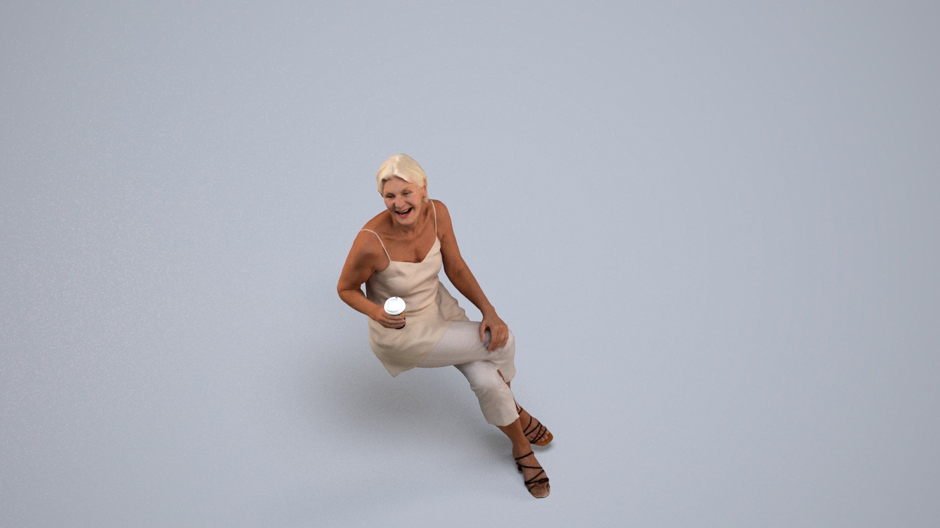 realistic 3D senior woman casual sitting, scanned archviz people for Blender and 3ds Max, back view render