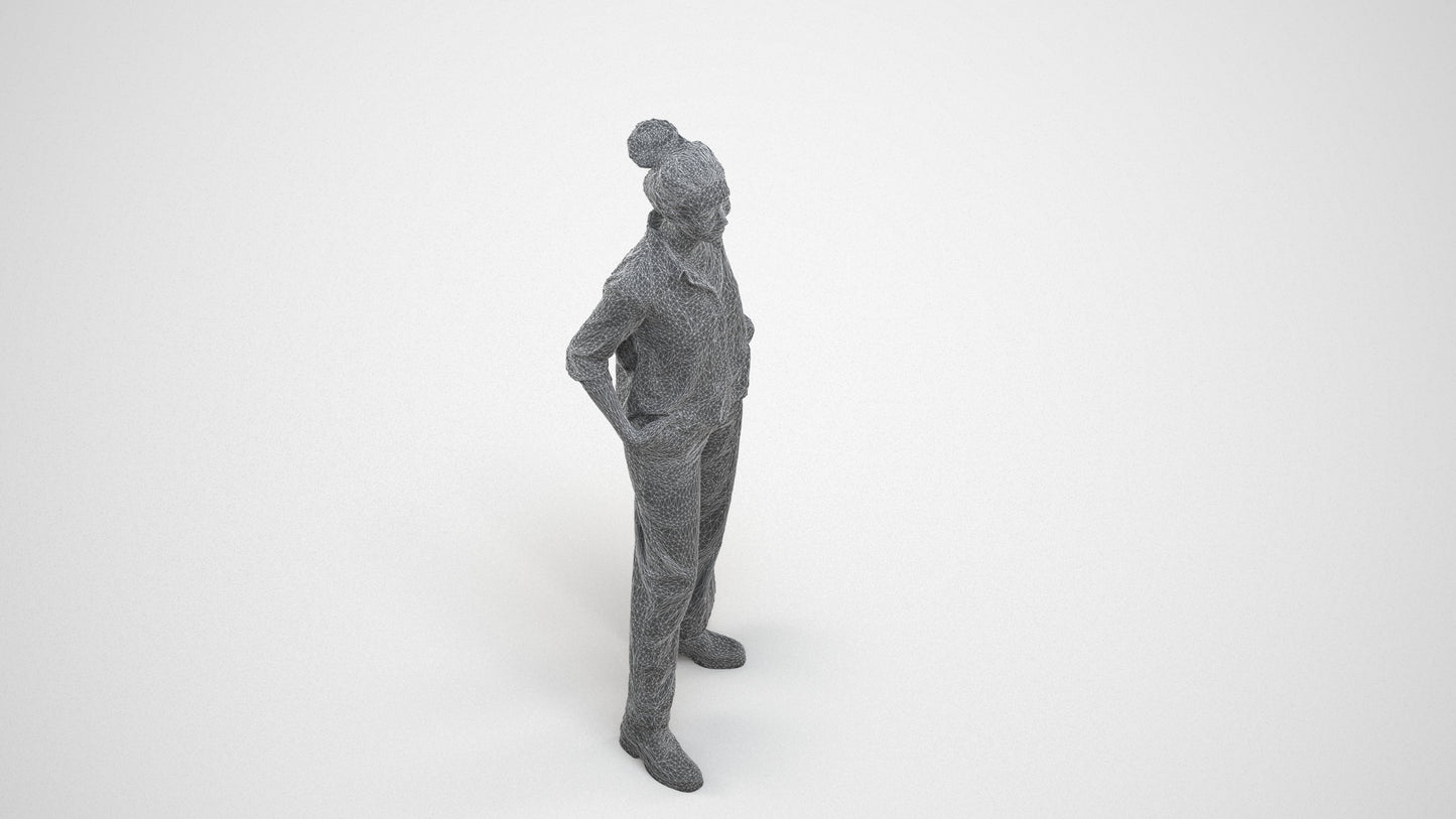 scanned 3D woman casual standing, photogrammetry people for Enscape and V-Ray, wireframe three-quarter view