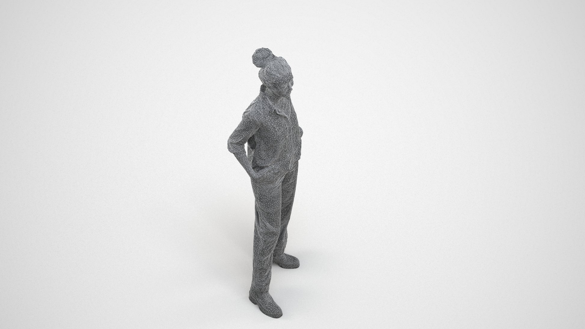 scanned 3D woman casual standing, photogrammetry people for Enscape and V-Ray, wireframe three-quarter view