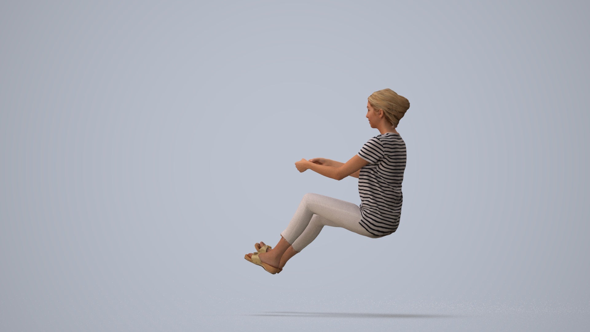 3D human model woman casual driving, photogrammetry scanned person for archviz, three-quarter view render