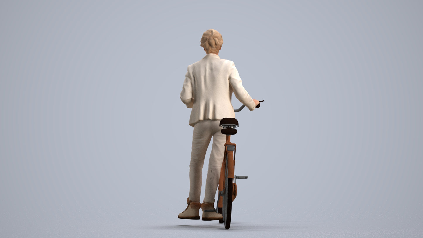 3D human model senior woman business cycling, photogrammetry scanned person for archviz, front view render
