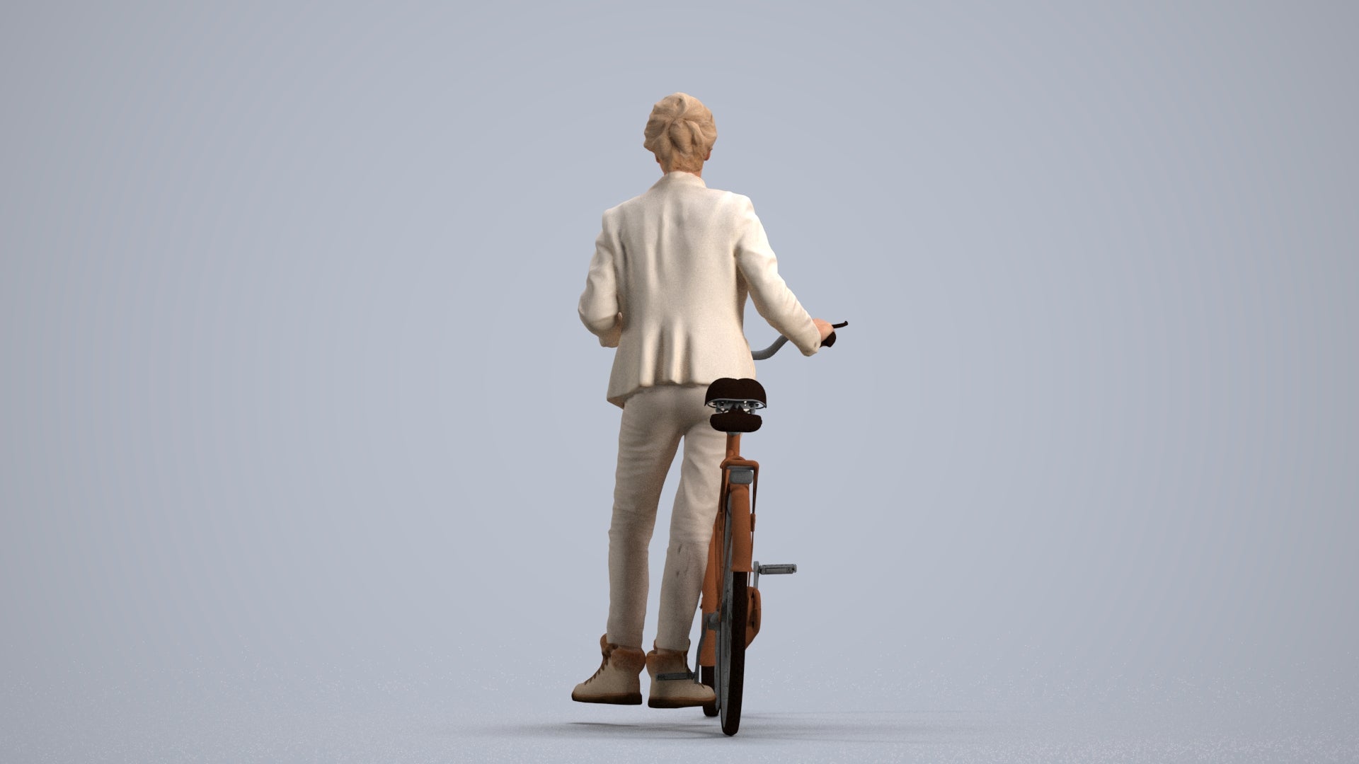 3D human model senior woman business cycling, photogrammetry scanned person for archviz, front view render