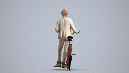 3D human model senior woman business cycling, photogrammetry scanned person for archviz, front view render