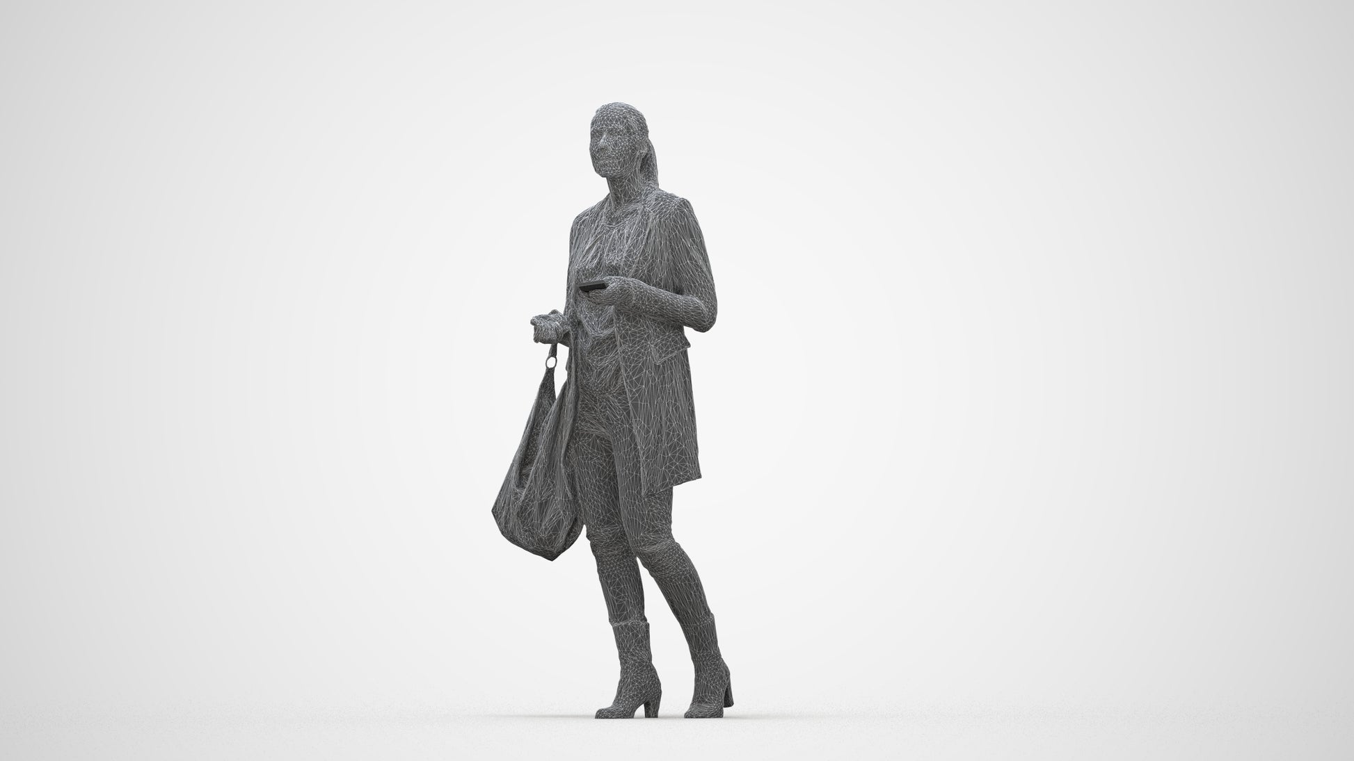 3D scanned woman walking business, photorealistic archviz people for Enscape and SketchUp, wireframe back view