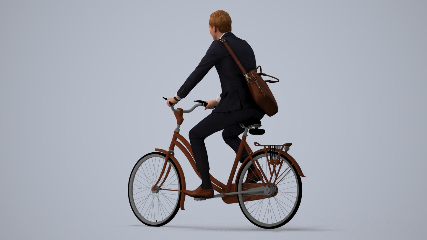 photogrammetry 3D man business cycling, realistic human model archviz FBX, three-quarter view render