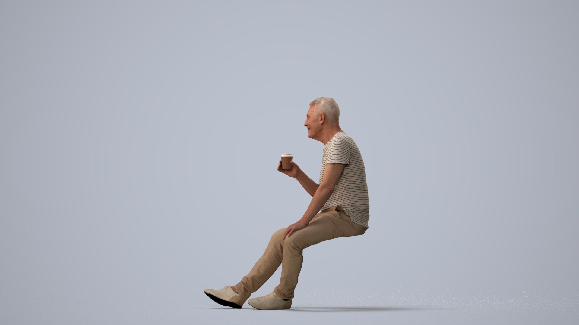 scanned 3D senior man casual sitting, photogrammetry people for Enscape and V-Ray, three-quarter view render
