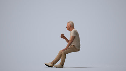 scanned 3D senior man casual sitting, photogrammetry people for Enscape and V-Ray, three-quarter view render