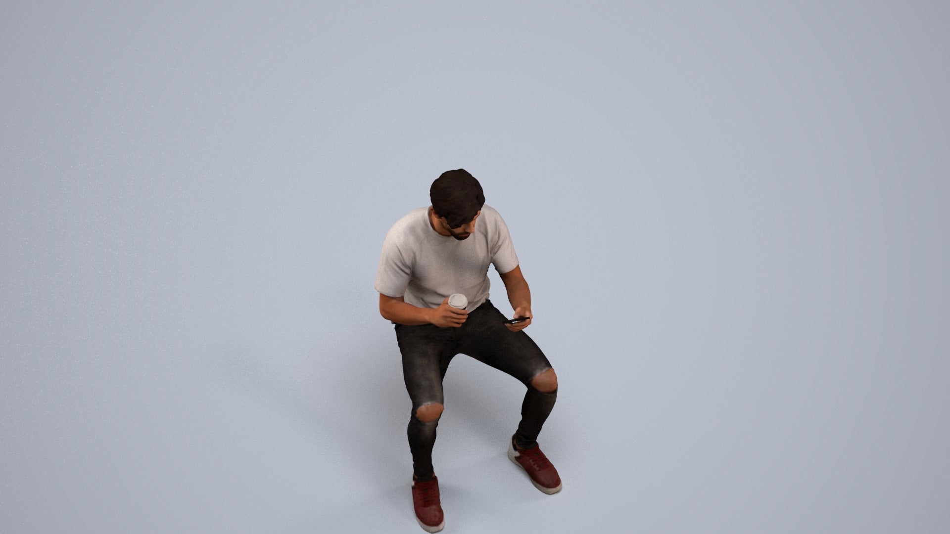 3D human model man casual sitting, photogrammetry scanned person for archviz, back view render
