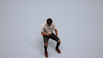 3D human model man casual sitting, photogrammetry scanned person for archviz, back view render